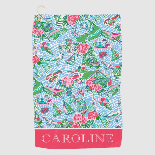 Nantucket Preppy Palm Beach Print Personalised Golf Towel (Front)
