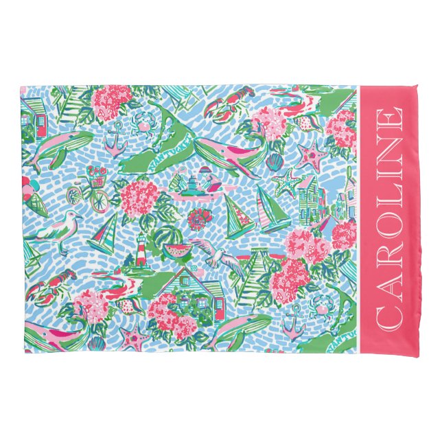 Nantucket Preppy Palm Beach Print Personalised Pillowcase (Front)