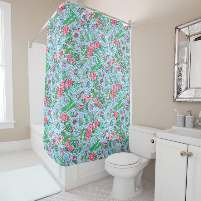 Nantucket Preppy Palm Beach Print Shower Curtain (In Situ)