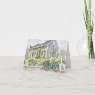 Nantucket Watercolor Coastal Cottage with Flowers Thank You Card