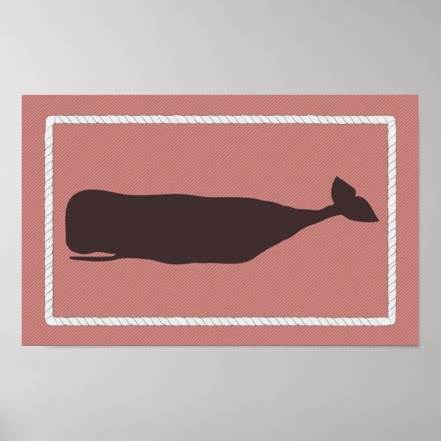 Nantucket Whale Nautical Poster in Faded Coral Red (Front)