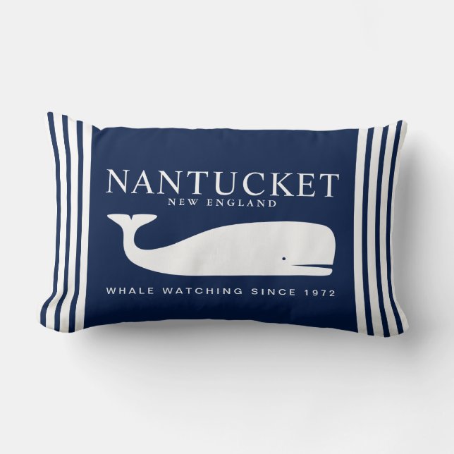 Nantucket Whale Watching – White and Navy Blue Lumbar Cushion (Front)