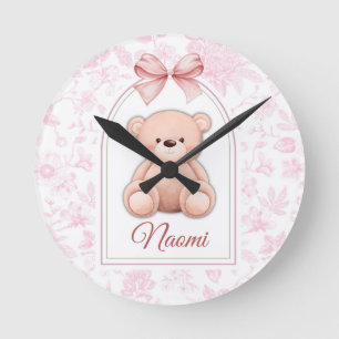 Naomi Custom Pink Teddy Bear Nursery Design Round Clock