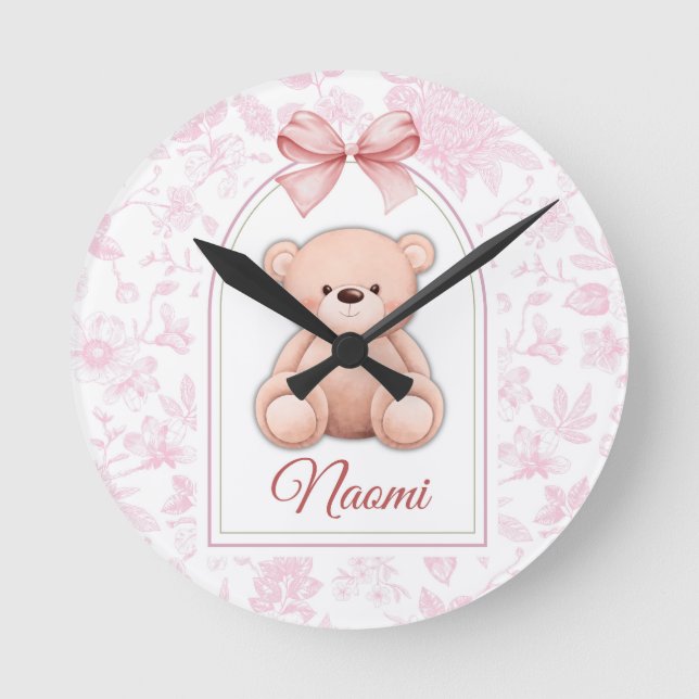 Naomi | Custom Pink Teddy Bear Nursery Design  Round Clock (Front)