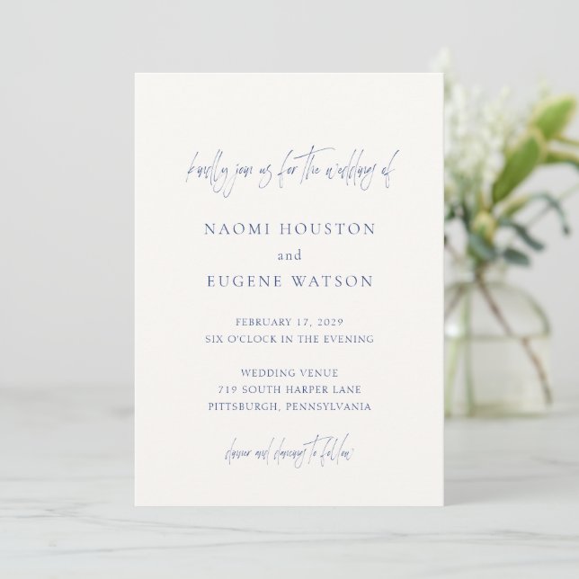 Naomi Denim Blue Typography Modern Wedding Invitation (Standing Front)