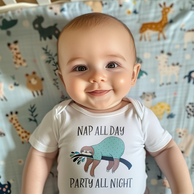 Nap All Day Party All Night Cute Sloth Baby Bodysuit (This adorable bodysuit will make the ideal baby shower gift for parents to be.)