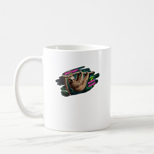 Nap First Never Worry Hanging Sloth Coffee Mug (Left)
