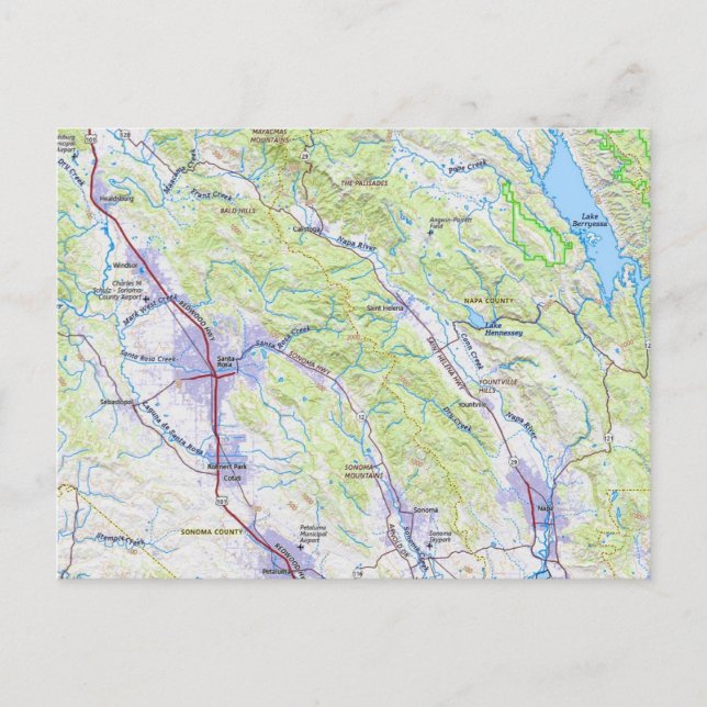 Napa to Healdsburg CA Map Postcard (Front)