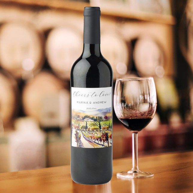 Napa Valley vineyard watercolor wedding cheers Wine Label (Napa valley vineyard watercolor cheers to love wine labels wedding favor gifts)