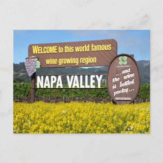 Napa Valley Welcome Sign with Mustard Field Postcard (Front)