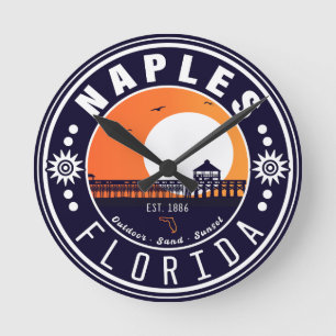 Naples Florida Beach Retro Sunset Pier 80s Round Clock