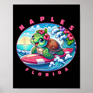 Naples Florida Cute Surfing Girl Sea Turtle Poster
