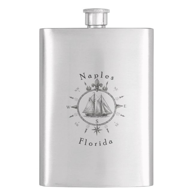 Naples Florida Nautical Sailing Compass Sailboat  Hip Flask (Front)