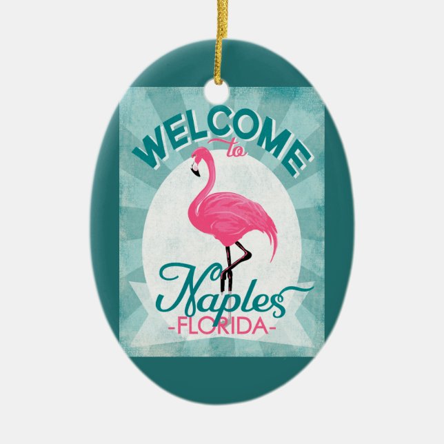 Naples Florida Pink Flamingo Retro Ceramic Ornament (Front)