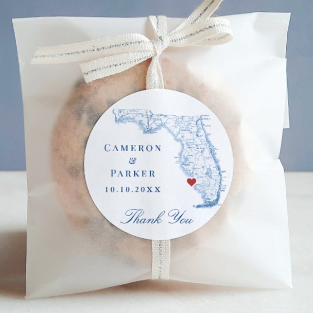 Naples Florida Wedding Thank You Classic Round Sticker (Naples Florida Wedding favor round sticker label that says Thank You from Coastal Map Designs)