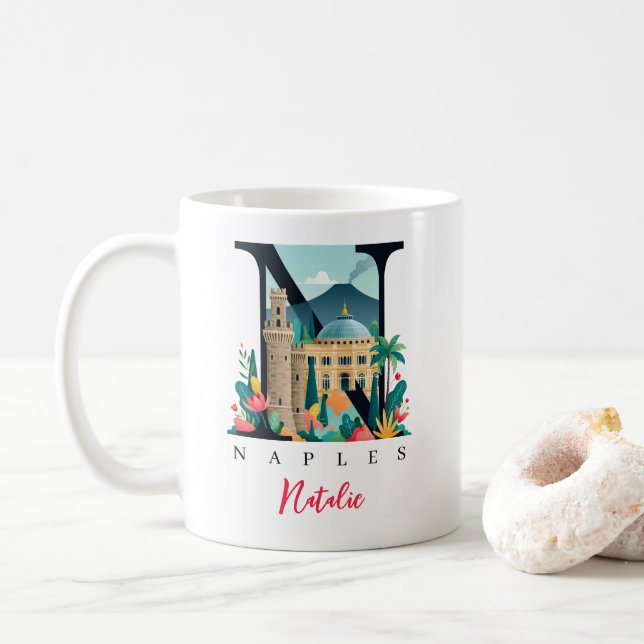 Naples Italy Monogram Letter N Personalised Gift Coffee Mug (With Donut)