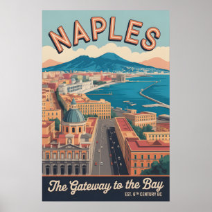 Naples Italy Retro Skyline Cityscape Travel Poster