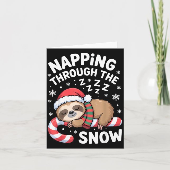 Napng Through The Snow Funny Sloth Candy Cane Xmas Card (Front)