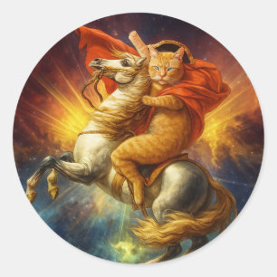 Napoleon Cat Riding Horse Through Galaxy           Classic Round Sticker