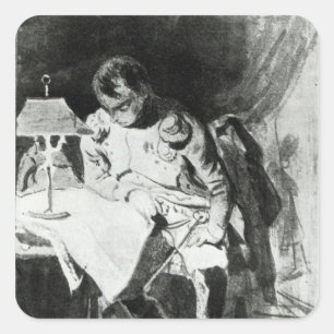 Napoleon studying his maps by lamplight, c.1800 square sticker