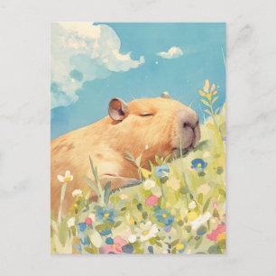 Napping Capybara in Colorful Wildflower Meadow Postcard
