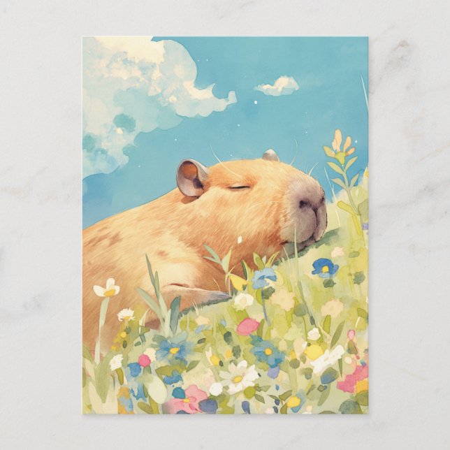 Napping Capybara in Colourful Wildflower Meadow Postcard (Front)