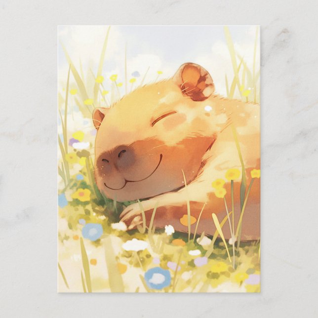 Napping Capybara in Sunny Wildflower Summer Meadow Postcard (Front)