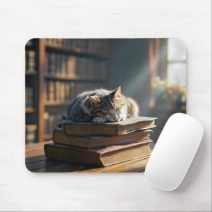 Napping Tabby Cat On Library Books Mouse Pad