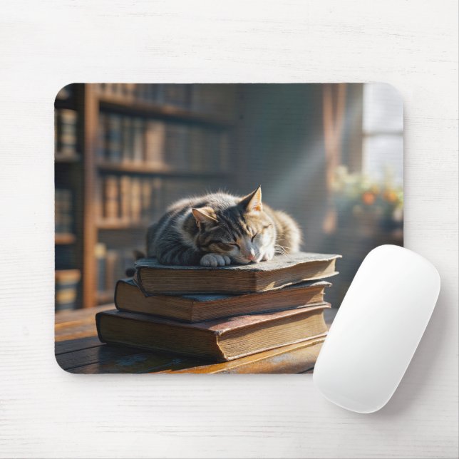 Napping Tabby Cat On Library Books Mouse Pad (With Mouse)