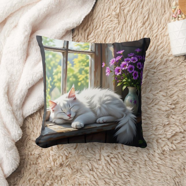 Napping White Cat and Purple Flowers  Cushion (Blanket)