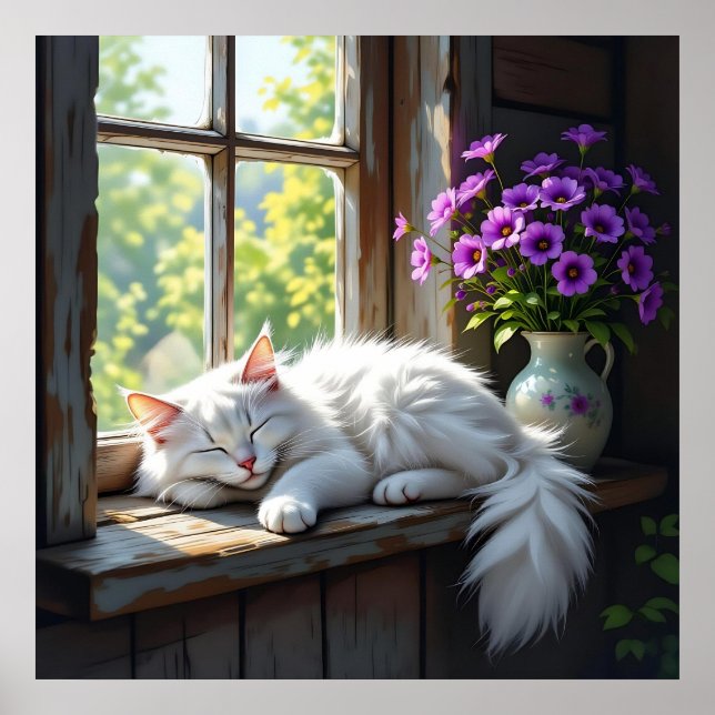 Napping White Cat and Purple Flowers  Poster (Front)