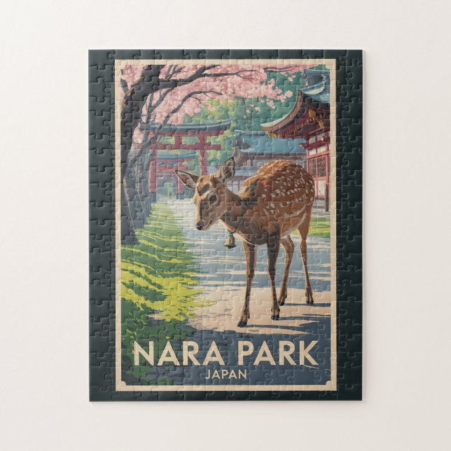 Nara Park Japan Deer Illustration Travel Art Retro Jigsaw Puzzle (Vertical)