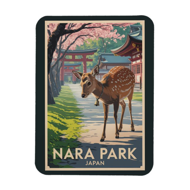 Nara Park Japan Deer Illustration Travel Art Retro Magnet (Vertical)