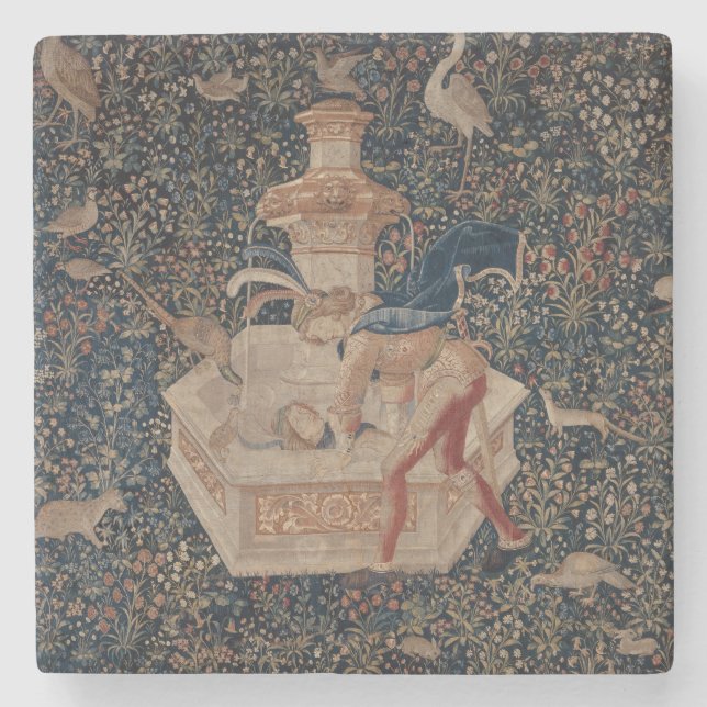 Narcissus at the Well, Mediaeval Tapestry Stone Coaster (Front)