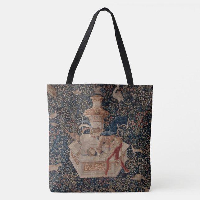 Narcissus at the Well, Mediaeval Tapestry Tote Bag (Front)