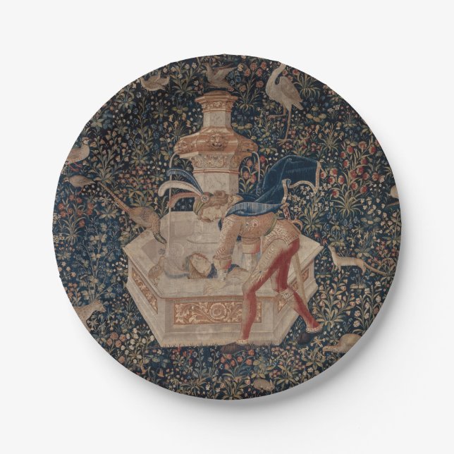 Narcissus at the Well, Medieval Tapestry Paper Plate (Front)
