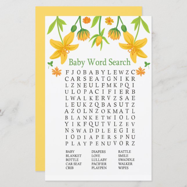 Narcissus Baby Shower Word Search Game (Front/Back)