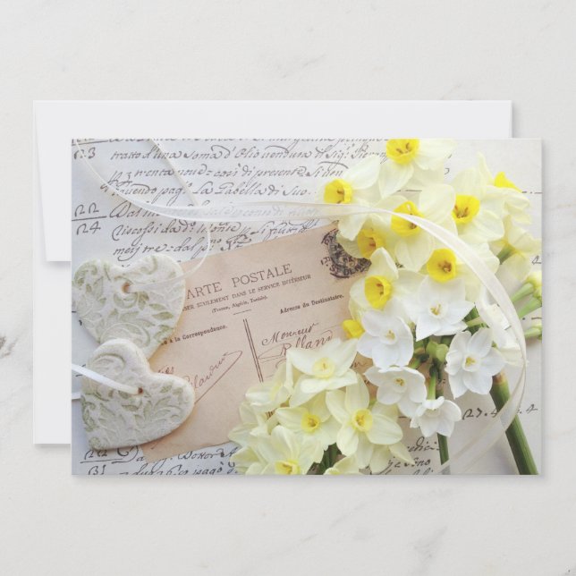 narcissus, hearts with script wedding invitation (Front)