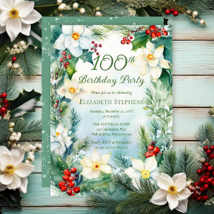 Narcissus   Holly Floral 100th Birthday Party  Invitation