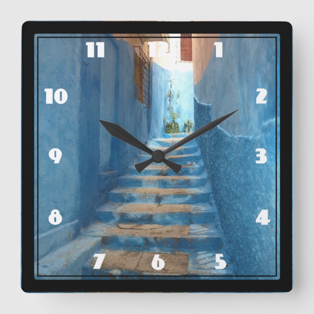 Narrow Blue Stairway in Morocco Square Wall Clock (Front)