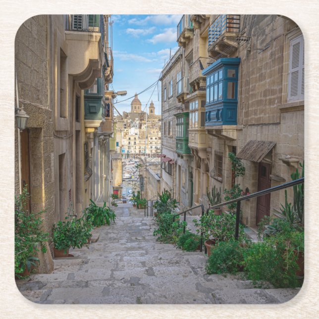 Narrow stone street in Malta Square Paper Coaster (Front)