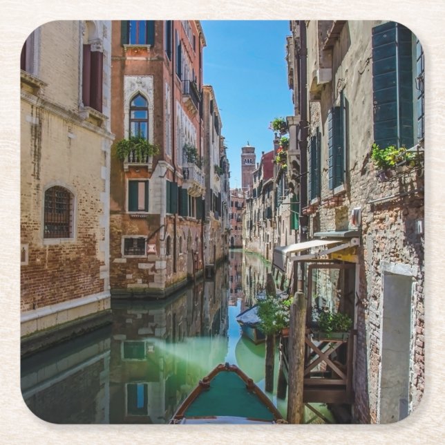 Narrow street with canal in Venice Square Paper Coaster (Front)