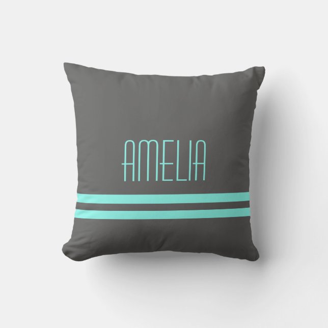 Narrow Stripes Name Monogram Grey Bright Teal Cushion (Front)