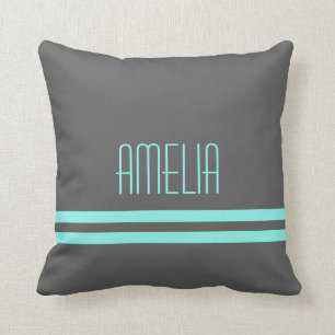 Narrow Stripes Name Monogram Grey Bright Teal Cushion