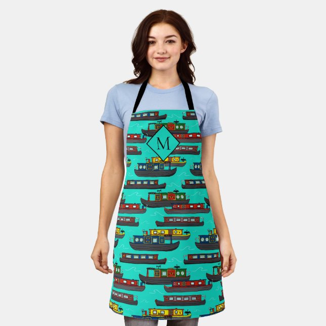 Narrowboats Canal Boats Patterned Monogram Apron (Worn)