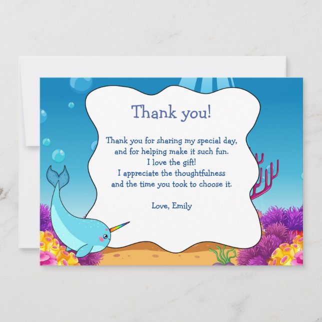 Narwahal Under The Sea Thank You Card (Front)