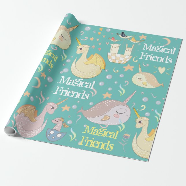 Narwhal and Dragon Friends Teal Personalised Wrapping Paper (Unrolled)