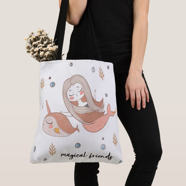 Narwhal and Mermaid Magical Friends Tote Bag (Close Up)