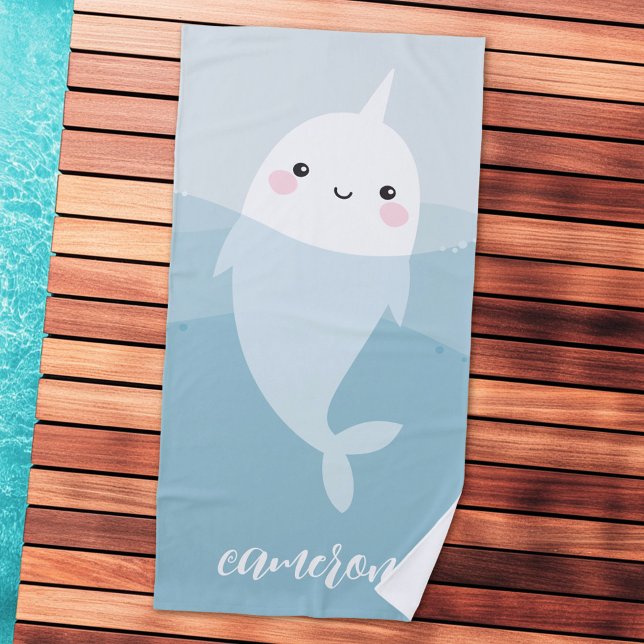 Narwhal and waves cute kawaii cartoon beach towel (Narwhal and waves cute kawaii cartoon beach towel)