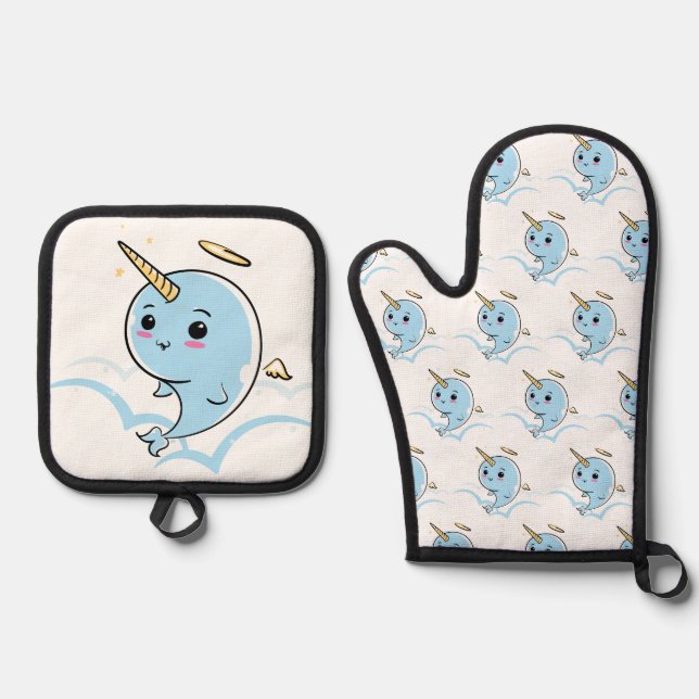 Narwhal Angel Cutie Oven Mitt & Pot Holder Set (Front)